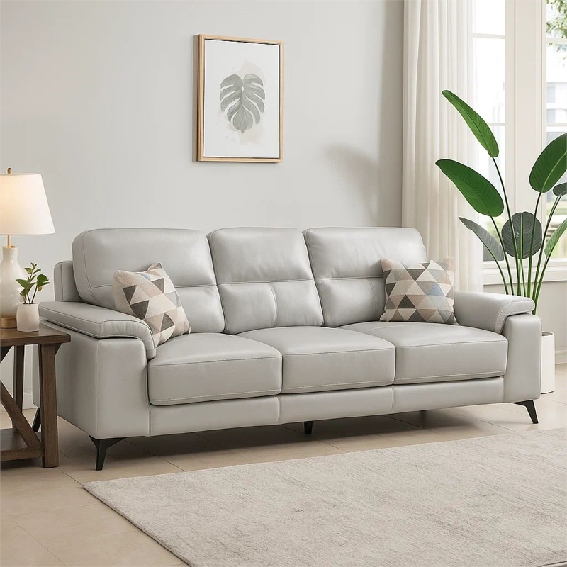 Pemberly Row 89 Inch Sofa in Light Gray Top Grain and Faux Leather Metal