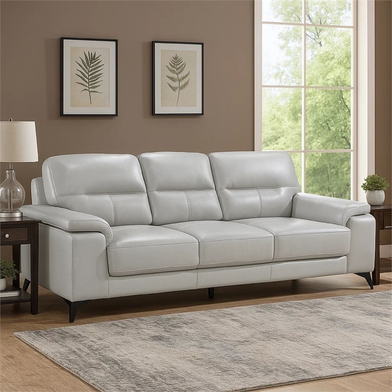 Pemberly Row 89 Inch Sofa in Light Gray Top Grain and Faux Leather Metal