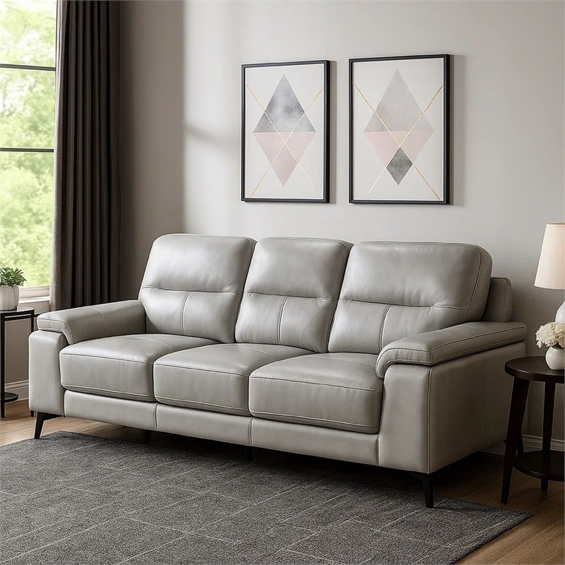Pemberly Row 89 Inch Sofa in Light Gray Top Grain and Faux Leather Metal