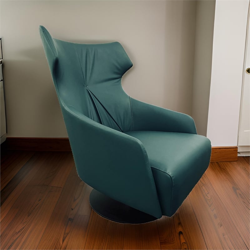 Pemberly Row 35 Inch Swivel Accent Chair Tall Back Green Leather Upholstery