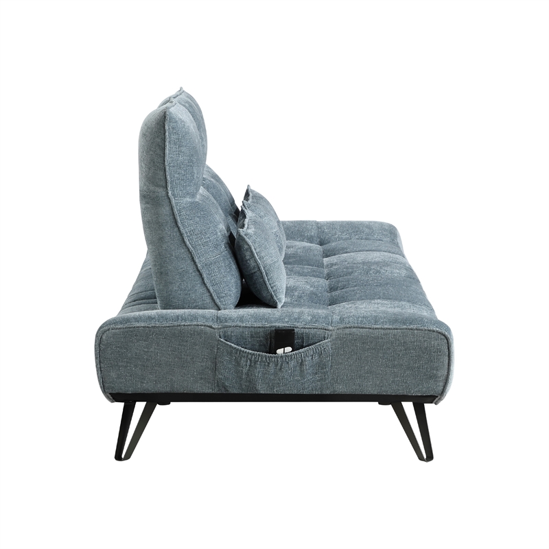 Pemberly Row Adjustable Depth Power Reclining Sofa 2 Pillows Blue Chenille