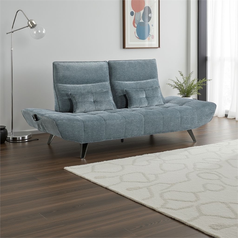 Pemberly Row Adjustable Depth Power Reclining Sofa 2 Pillows Blue Chenille