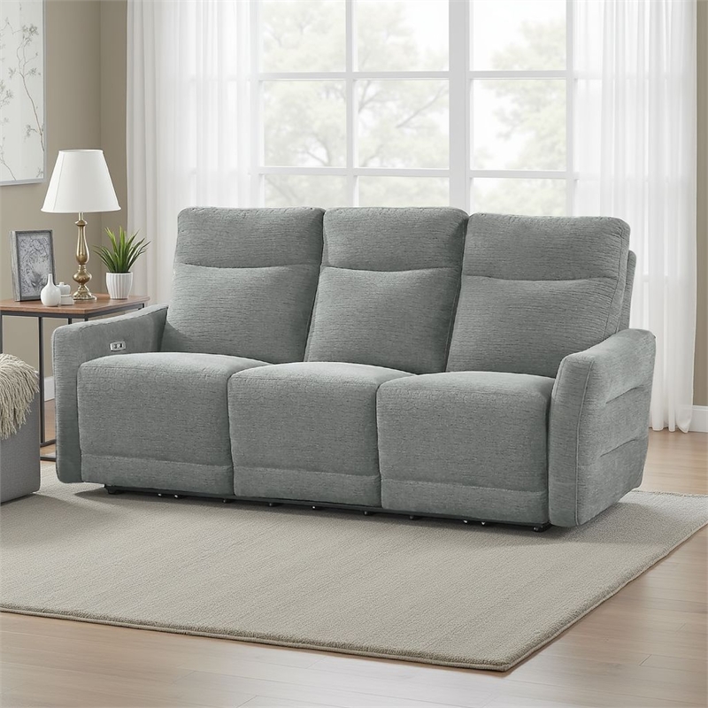 Pemberly Row Power Double Reclining Sofa with USB Lay Flat Dove Gray Chenille