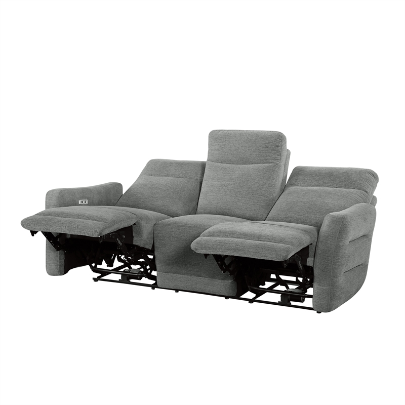 Pemberly Row Power Double Reclining Sofa with USB Lay Flat Dove Gray Chenille