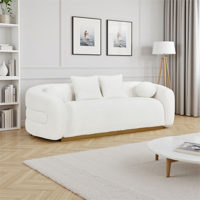 Pemberly Row 93 Inch Sofa with 4 Accent Pillows in White Sherpa Gold Base