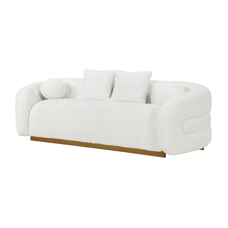 Pemberly Row 93 Inch Sofa with 4 Accent Pillows in White Sherpa Gold Base