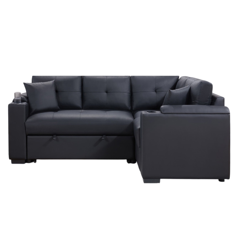 Pemberly Row Sectional Sleeper Sofa 2 Pillows USB Charger Black Faux Leather