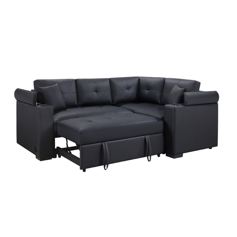 Pemberly Row Sectional Sleeper Sofa 2 Pillows USB Charger Black Faux Leather