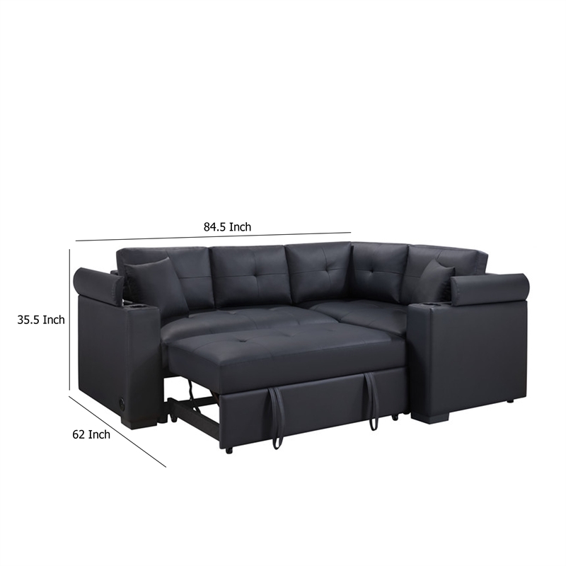 Pemberly Row Sectional Sleeper Sofa 2 Pillows USB Charger Black Faux Leather