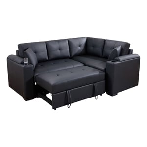Pemberly Row Sectional Sleeper Sofa 2 Pillows USB Charger Black Faux Leather
