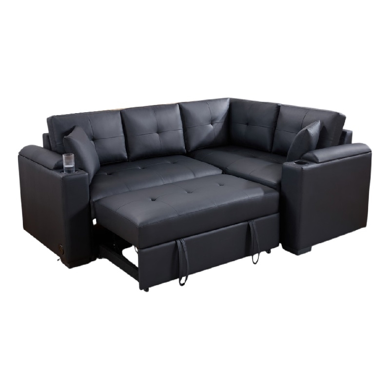 Pemberly Row Sectional Sleeper Sofa 2 Pillows USB Charger Black Faux Leather