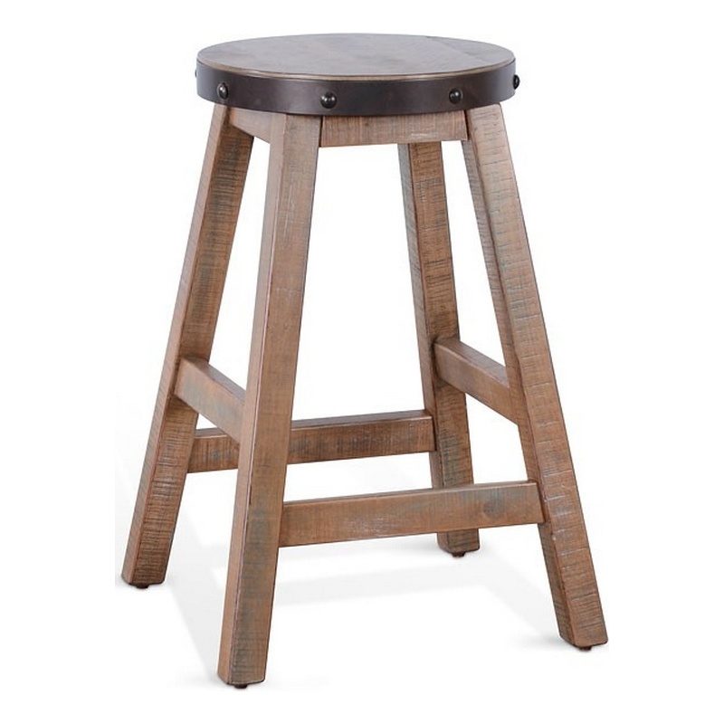 Pemberly Row Round Counter Stool Metal Band Splayed Legs in Brown Mahogany