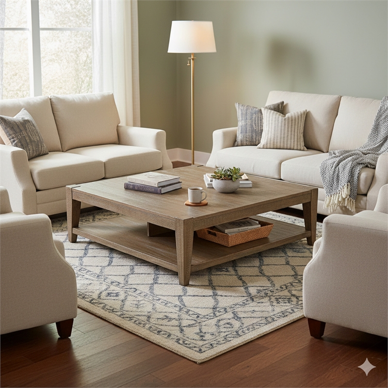 Pemberly Row 48 Inch Square Coffee Table 1 Shelf in Light Brown Mahogany