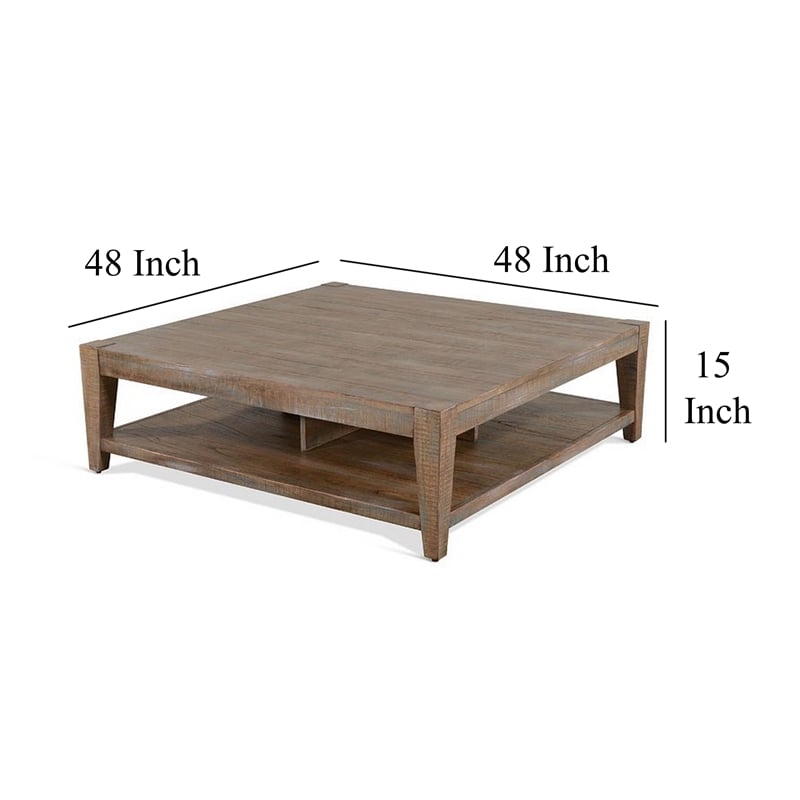 Pemberly Row 48 Inch Square Coffee Table 1 Shelf in Light Brown Mahogany