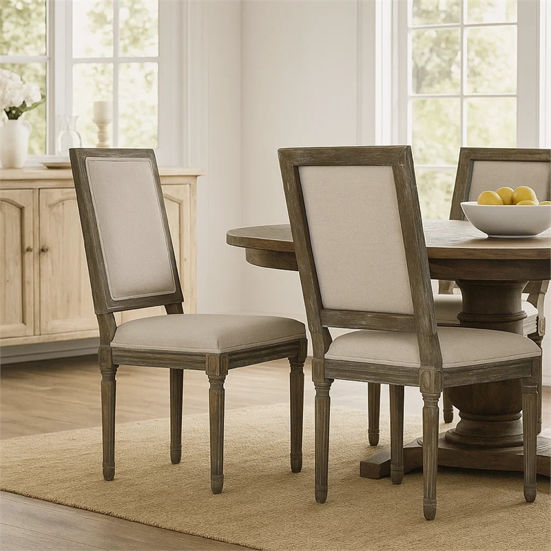 Pemberly Row Dining Chair Set of 2 in Wheat Beige Polyester Distressed Brown