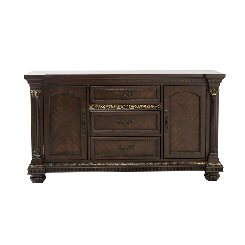Pemberly Row 66 Inch Buffet Console 3 Drawers 2 Cabinets Cherry Brown Gold