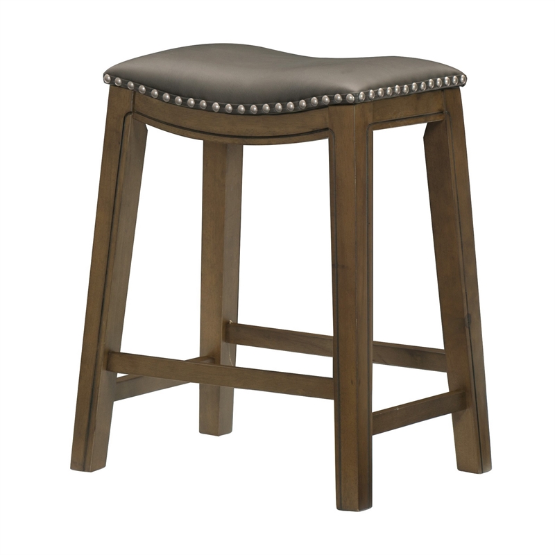Pemberly Row 26 Inch Counter Height Stool Gray Faux Leather Brown Wood