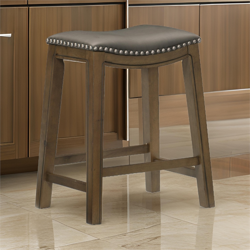 Pemberly Row 26 Inch Counter Height Stool Gray Faux Leather Brown Wood