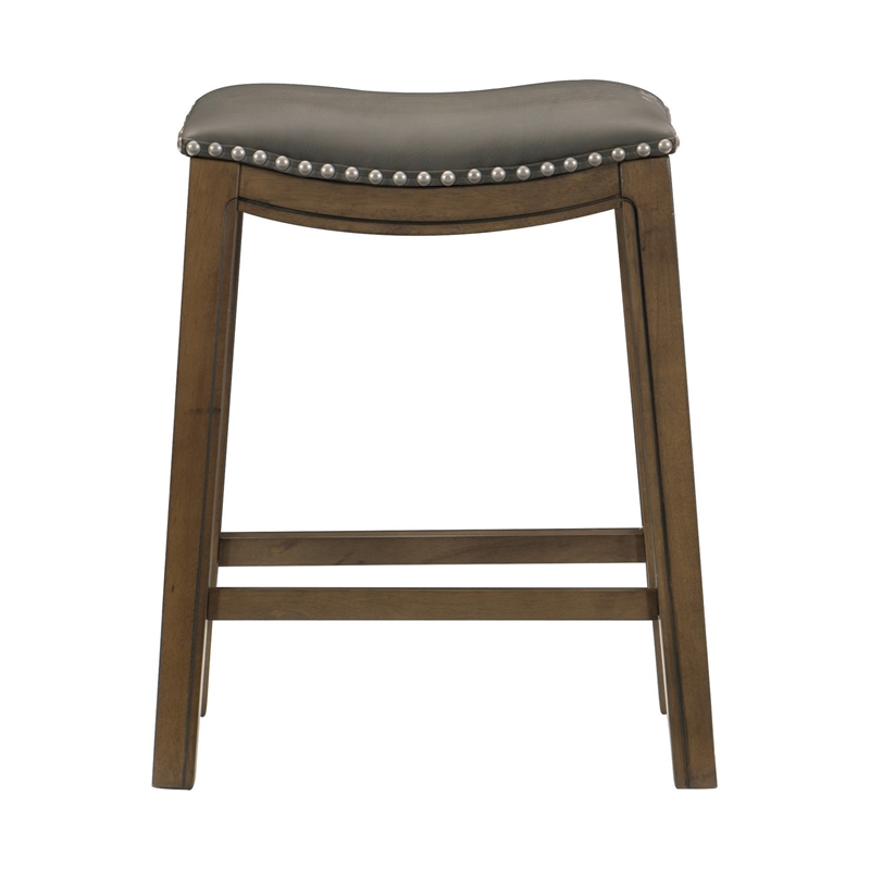 Pemberly Row 26 Inch Counter Height Stool Gray Faux Leather Brown Wood