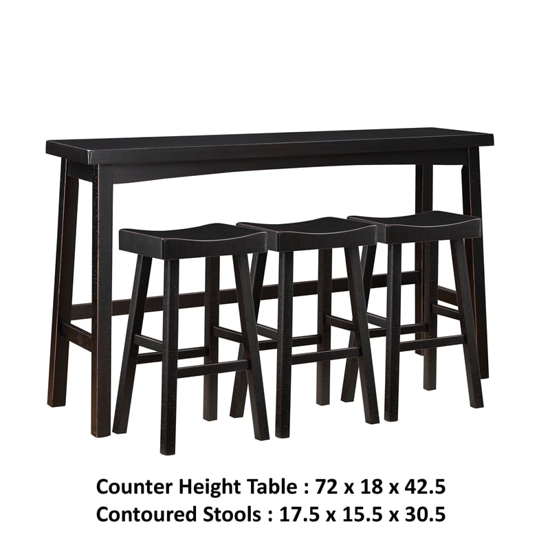 Pemberly Row 4 Piece Bar Height Table Set 3 Contoured Stools Black Rubberwood