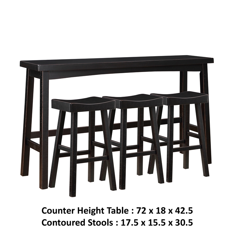 Pemberly Row 4 Piece Bar Height Table Set 3 Contoured Stools Black Rubberwood