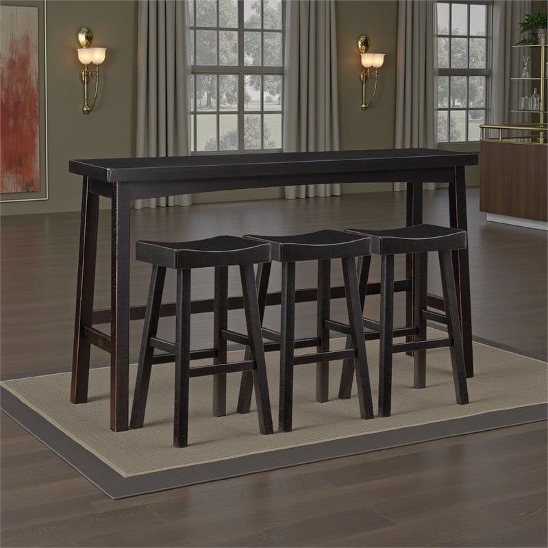 Pemberly Row 4 Piece Bar Height Table Set 3 Contoured Stools Black Rubberwood