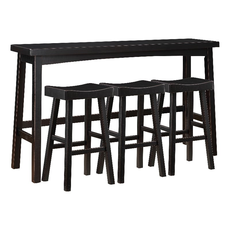 Pemberly Row 4 Piece Bar Height Table Set 3 Contoured Stools Black Rubberwood