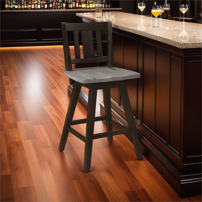 Pemberly Row Swivel Counter Height Chair Set of 2 Slatted Black Wood in Gray