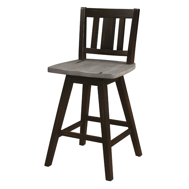 Pemberly Row Swivel Counter Height Chair Set of 2 Slatted Black Wood in Gray