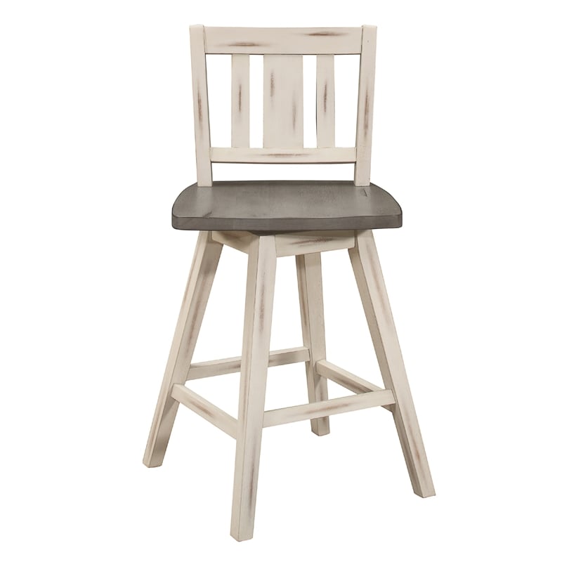 Pemberly Row Swivel Counter Height Chair Set of 2 Slatted White Wood in Gray