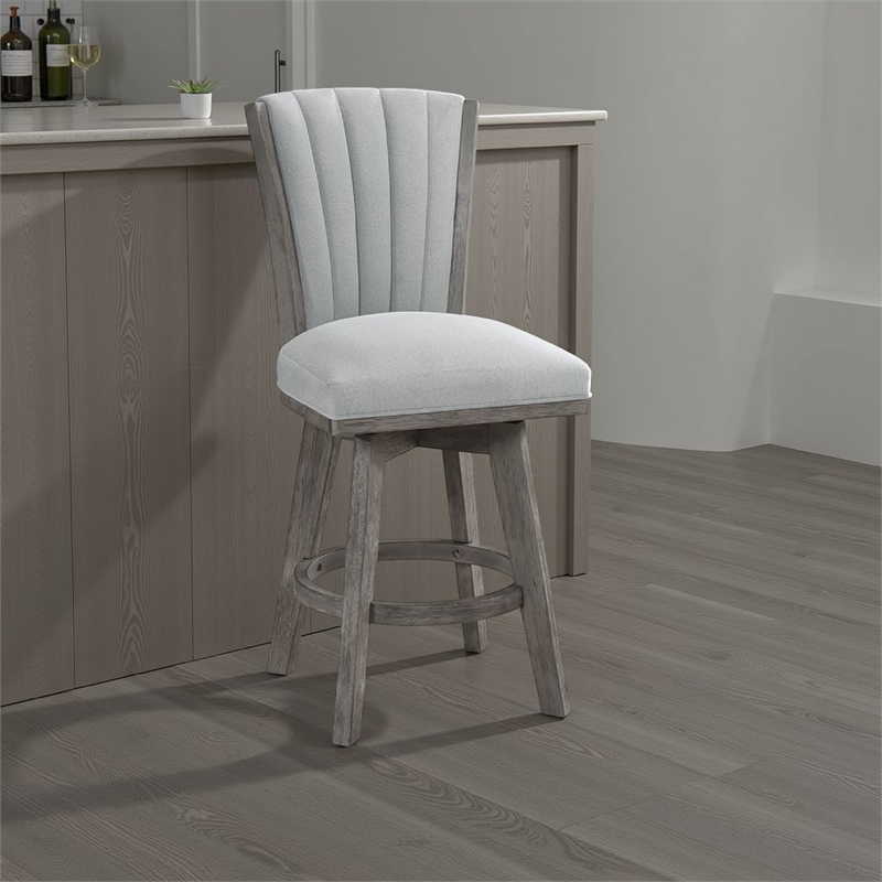 Pemberly Row Set of 2 Swivel Counter Stool Chairs Gray Channel Tufted Velvet