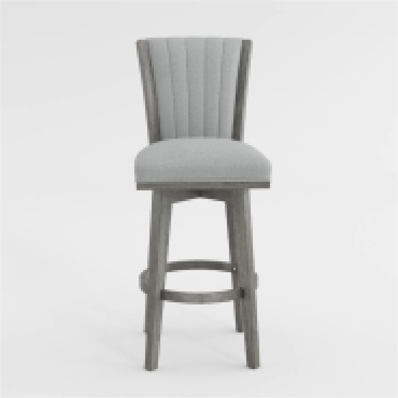 Pemberly Row Set of 2 Swivel Barstool Chairs in Gray Wood Channeled Velvet