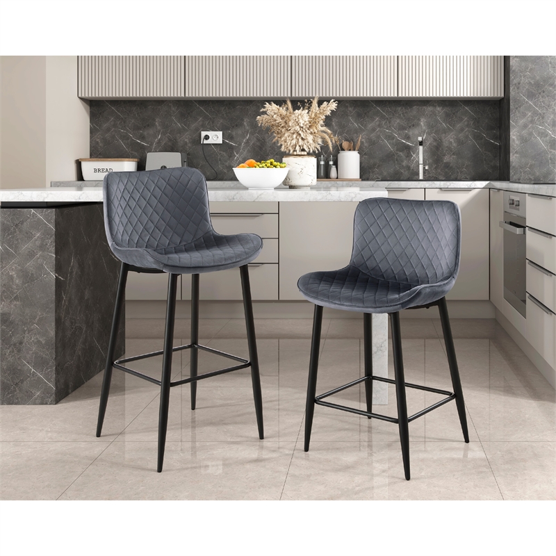 Pemberly Row Bar Stool Chair Set of 2 Black Metal Legs in Dark Gray Velvet