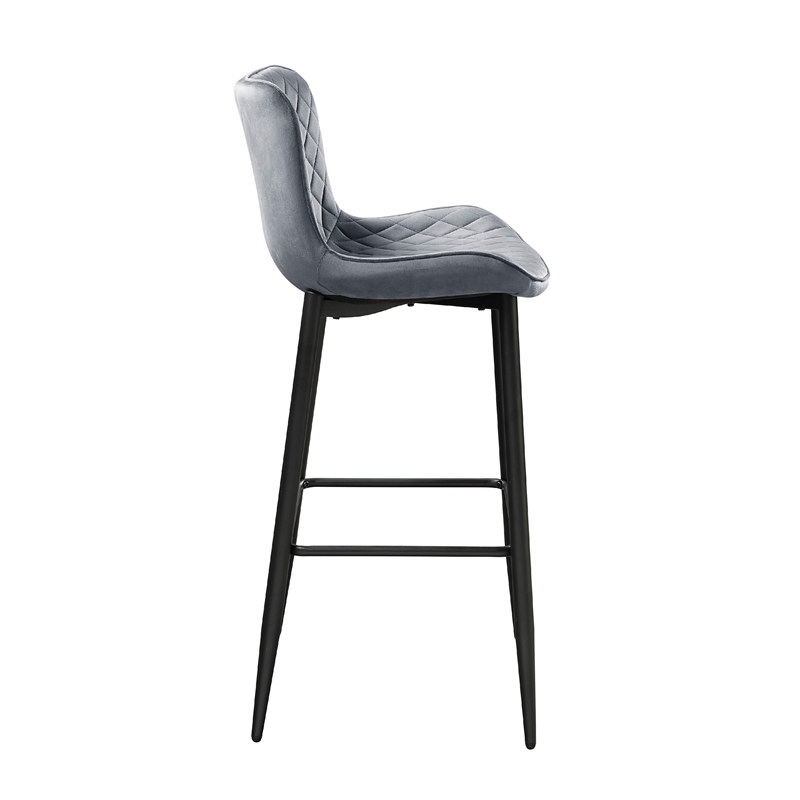 Pemberly Row Bar Stool Chair Set of 2 Black Metal Legs in Dark Gray Velvet