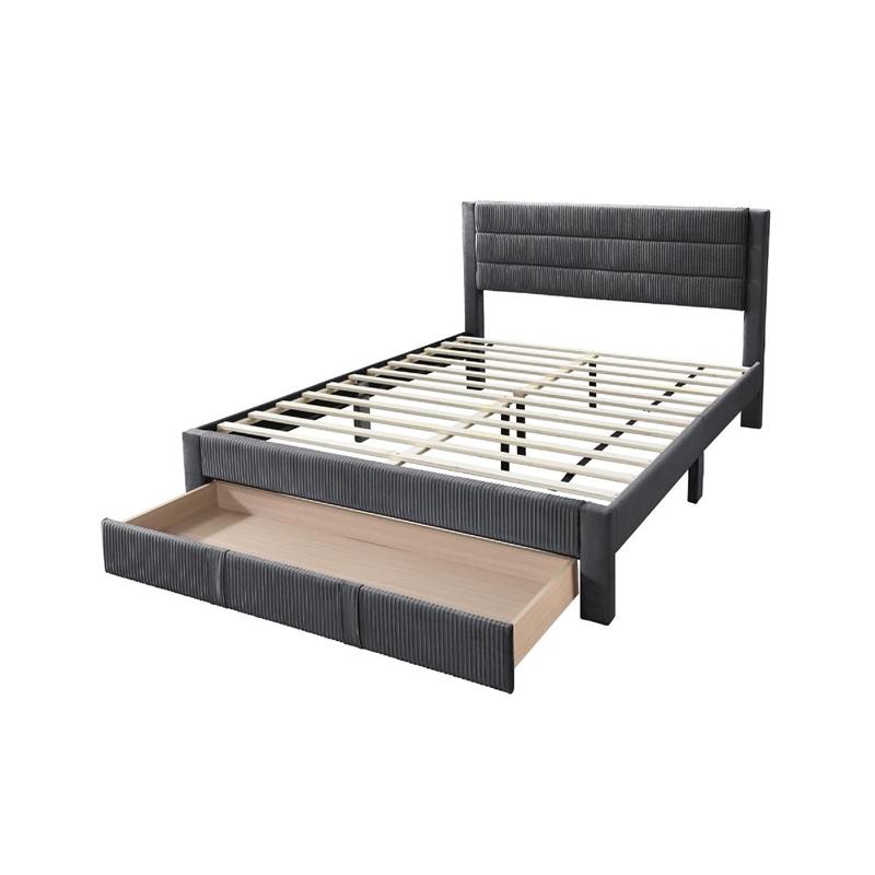 Pemberly Row Queen Size Bed with Storage Drawer Dark Gray Corduroy Upholstery