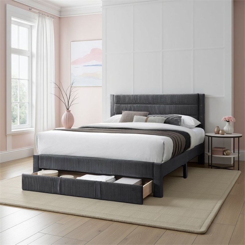 Pemberly Row Queen Size Bed with Storage Drawer Dark Gray Corduroy Upholstery