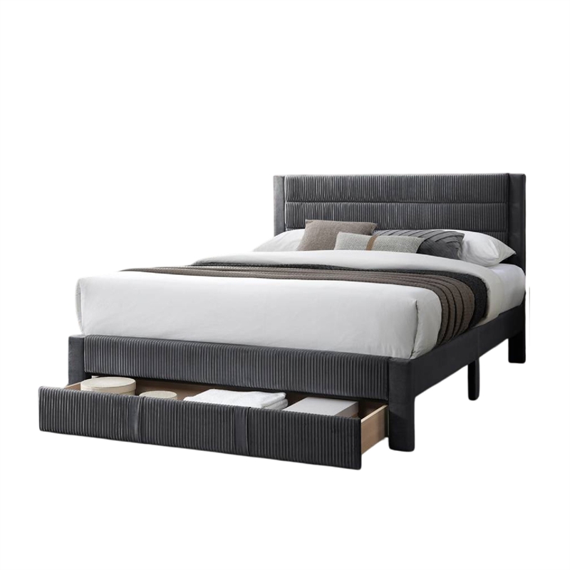 Pemberly Row Queen Size Bed with Storage Drawer Dark Gray Corduroy Upholstery