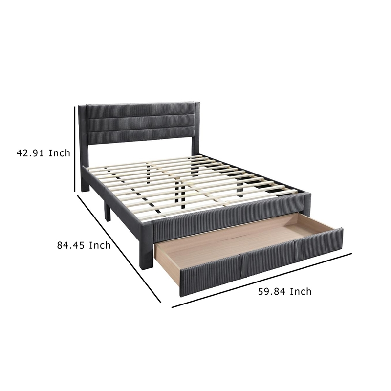 Pemberly Row Queen Size Bed with Storage Drawer Dark Gray Corduroy Upholstery