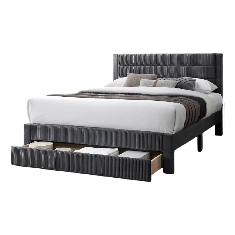 Pemberly Row Queen Size Bed with Storage Drawer Dark Gray Corduroy Upholstery