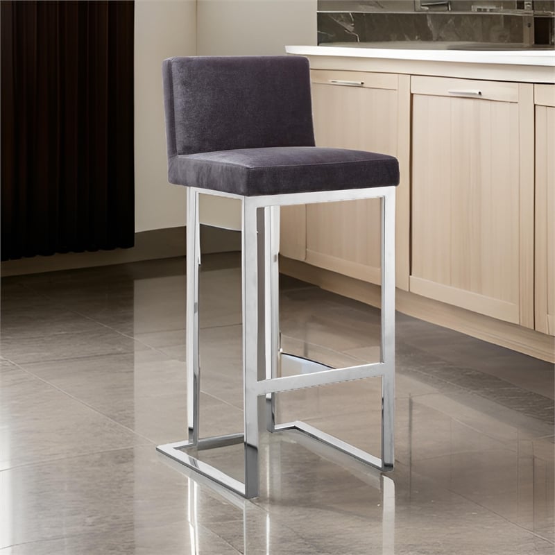 Pemberly Row 30 Inch Barstool Chair in Gray Velvet Foam Cushions Chrome Steel