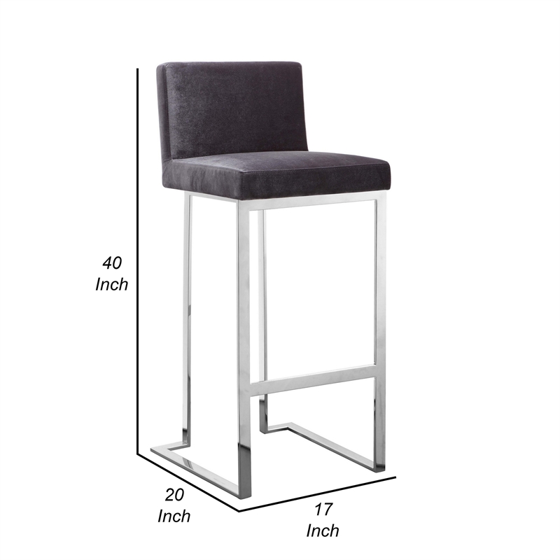 Pemberly Row 30 Inch Barstool Chair in Gray Velvet Foam Cushions Chrome Steel