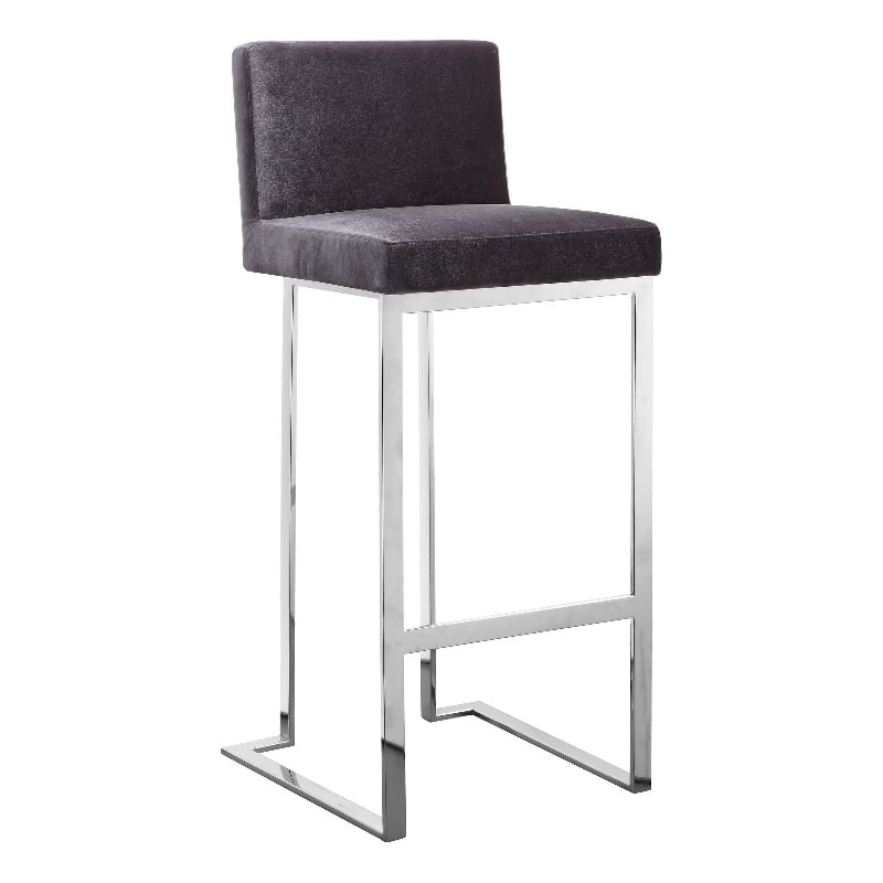 Pemberly Row 30 Inch Barstool Chair in Gray Velvet Foam Cushions Chrome Steel