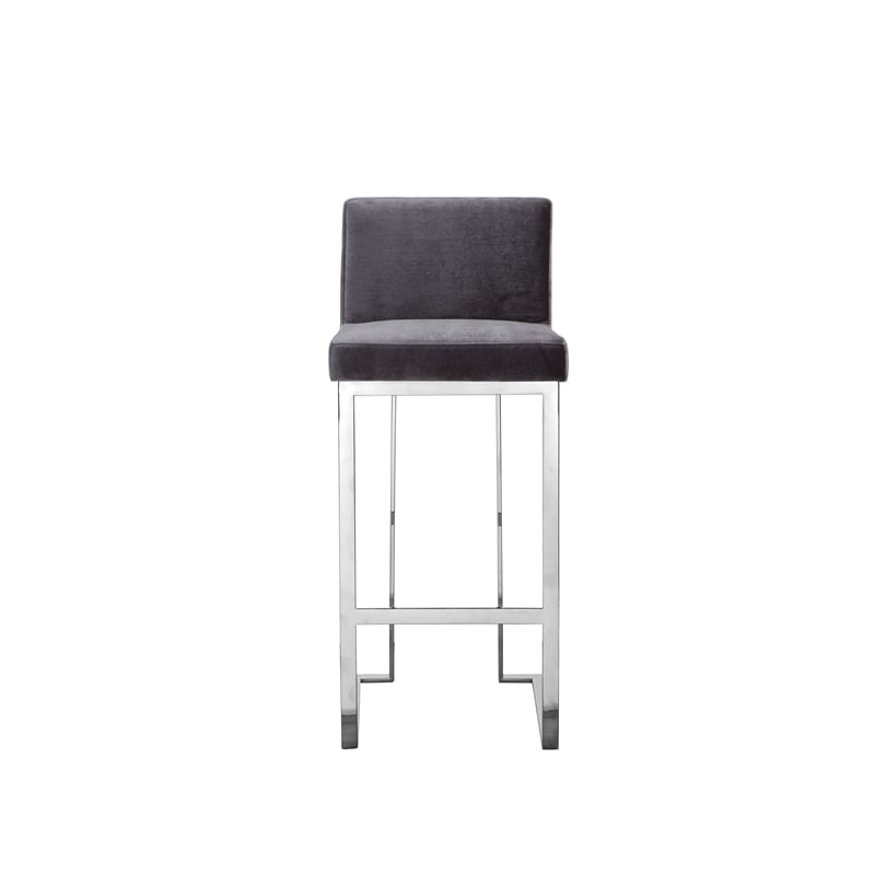 Pemberly Row 30 Inch Barstool Chair in Gray Velvet Foam Cushions Chrome Steel