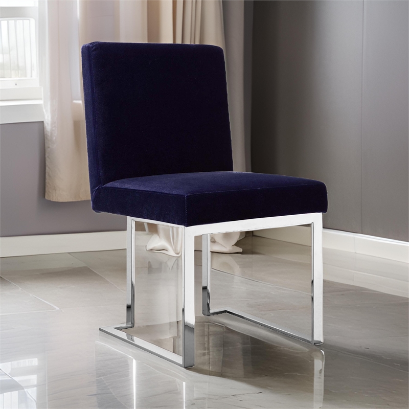 Pemberly Row 19 Inch Dining Chair Set of 2 Navy Blue Velvet Foam Chrome Steel