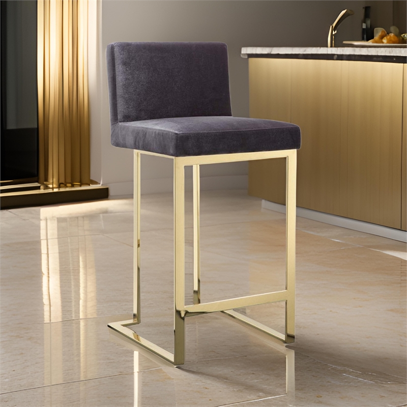 Pemberly Row 26 Inch Counter Stool Chair Cushioned Gray Velvet Gold Cantilever
