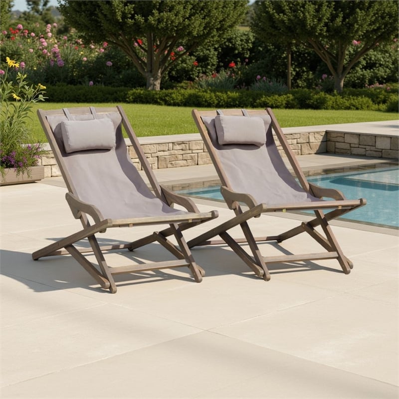 Pemberly Row Portable Sling Chair Set of 2 with Pillows Gray Polyester Wood