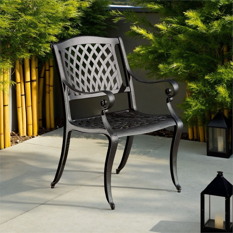 Pemberly Row Outdoor Dining Chair Set of 2 Mesh Style Back Black Cast Aluminum