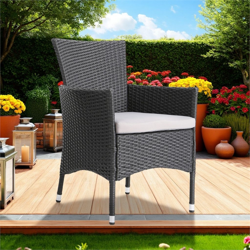 Pemberly Row Patio Dining Chair Set of 2 Ergonomic Gray Wicker Design in Beige