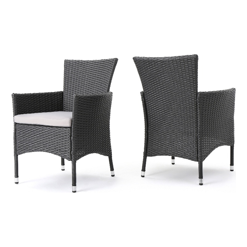 Pemberly Row Patio Dining Chair Set of 2 Ergonomic Gray Wicker Design in Beige