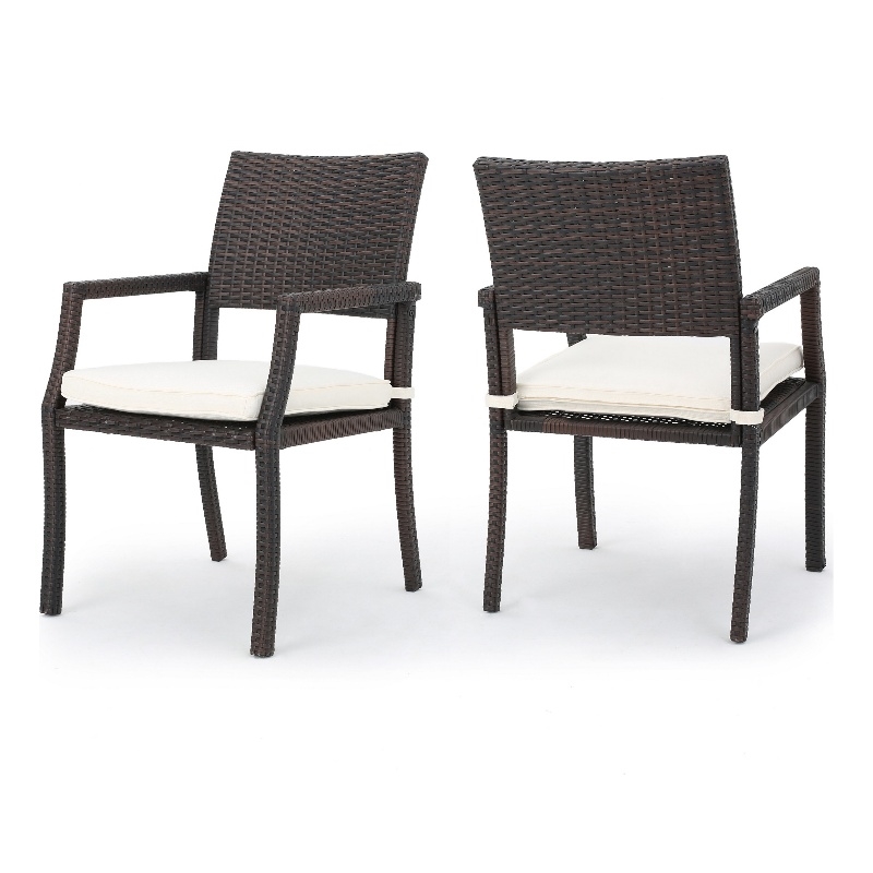 Pemberly Row Outdoor Dining Chair Set of 2 Contemporary Wicker Brown Fabric